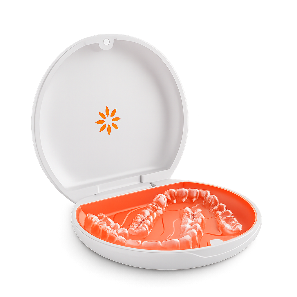 Retainer resting in an open orthodontic retainer case