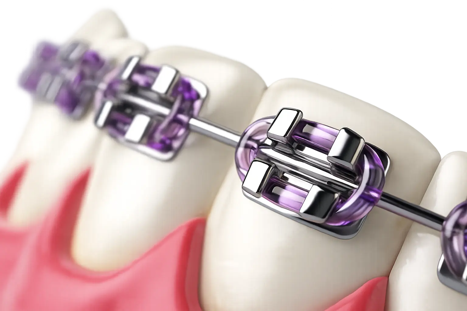 Self-ligating style bracket with coloured elastomeric modules, close-up