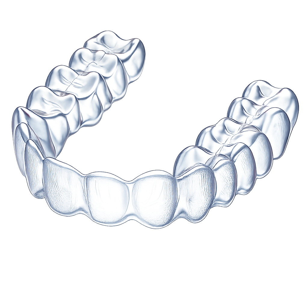 Clear aligner tray on a plain background